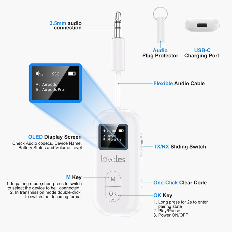 SafeFly Pro Bluetooth 5.3 Transmitter & Receiver Bluetooth Audio Adapter w/Screen for up to 2 Bluetooth Headphones; Use with Any 3.5 mm Jack on Airplanes, TVs, iPad/Tablets, Speakers and Auto