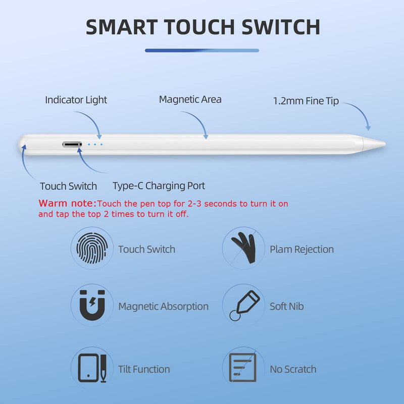 Stylus Pen for iPad with Palm Rejection,3 Power Indicator Lights,Tilt Sensitive iPad Pencil Compatible (2018-2022)Apple iPad 9th/8th/7th/6th,iPad Pro 11/12.9 in,iPad Air 5th/4th/3rd,iPad Mini 6/5 Gen