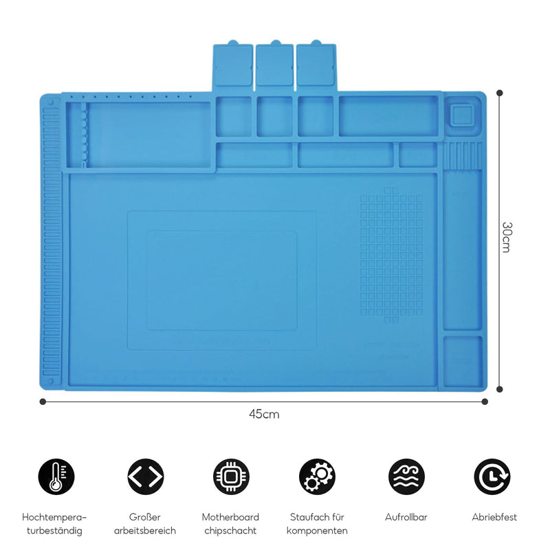Silicone Soldering Mat, 45 x 30 cm, Heat Resistant up to 500 °C, Antistatic Repair Mat, Heat Resistant Soldering Mat, Workbench Mat for Electronics, Blue