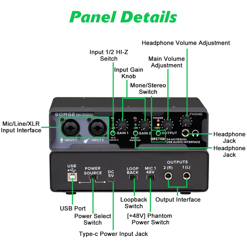 BOMGE USB Audio Interface(32bit/192 kHz) with XLR,phantom power,Direct Monitoring,Loopback for PC Recording,Streaming,Guitarist,Vocalist and Podcasting