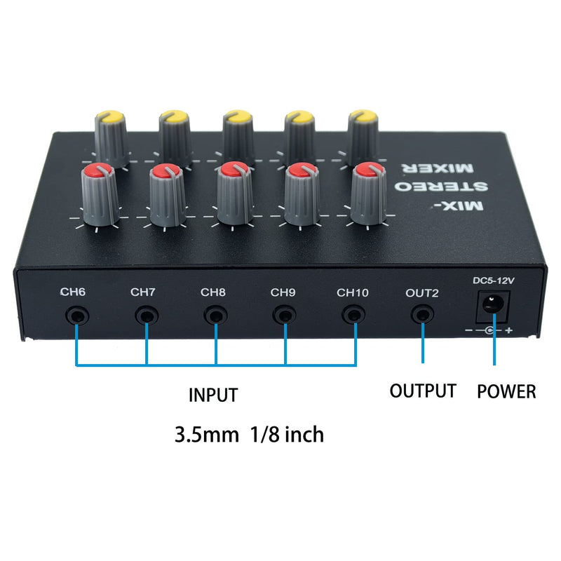 [AUSTRALIA] - audio mixer Powered 10 Channels input 2 output Mini Audio Mix with 3.5mm Stereo for Broadcasting, Podcasting, Streaming,phone Recording and PC Gaming mixing mix102 