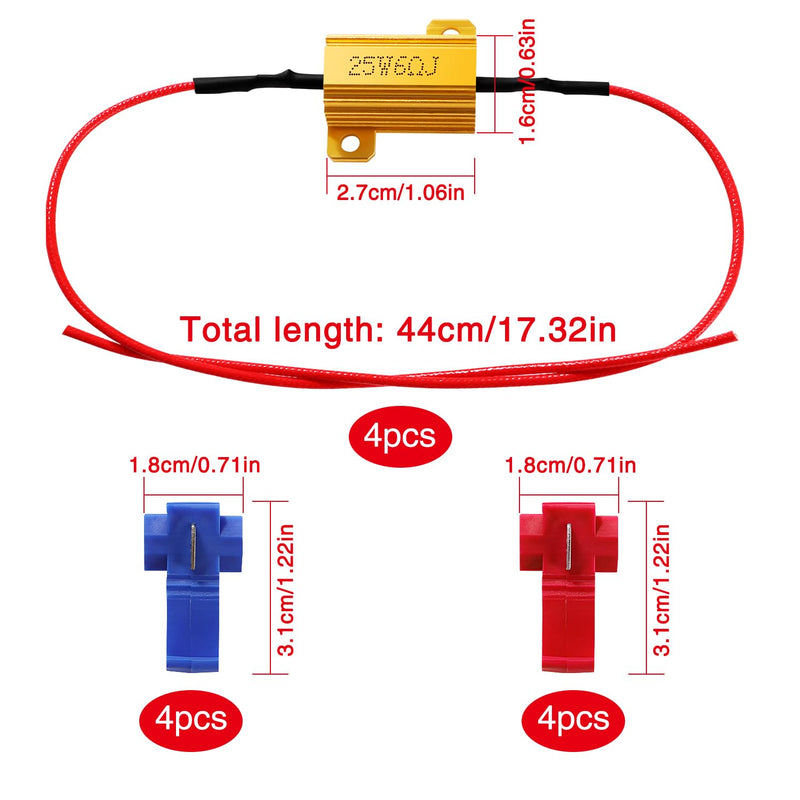 YIXISI 4 Pieces 25 W 6 Ohm Load Resistor for Car LED SMD Indicator Error Code Fix, with 8 Quick Cable Clips, for LED Indicator, LED Number Plate Light, DRL 25W 6ohm - 4pcs