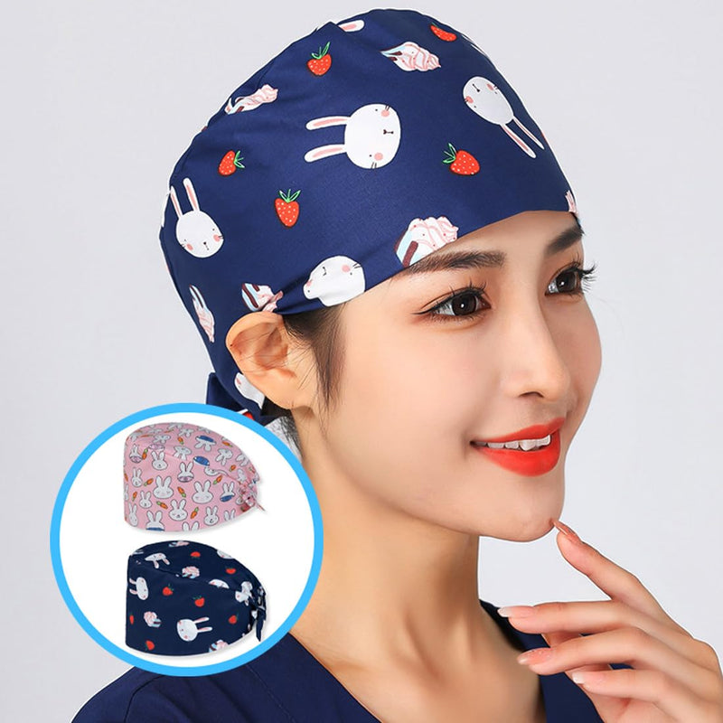 DLPRK Pack of 2 Adjustable Surgical Caps, Women's Unisex Work Cap, Cotton with Cotton Print (Nurse's Cap, Dust Cap)