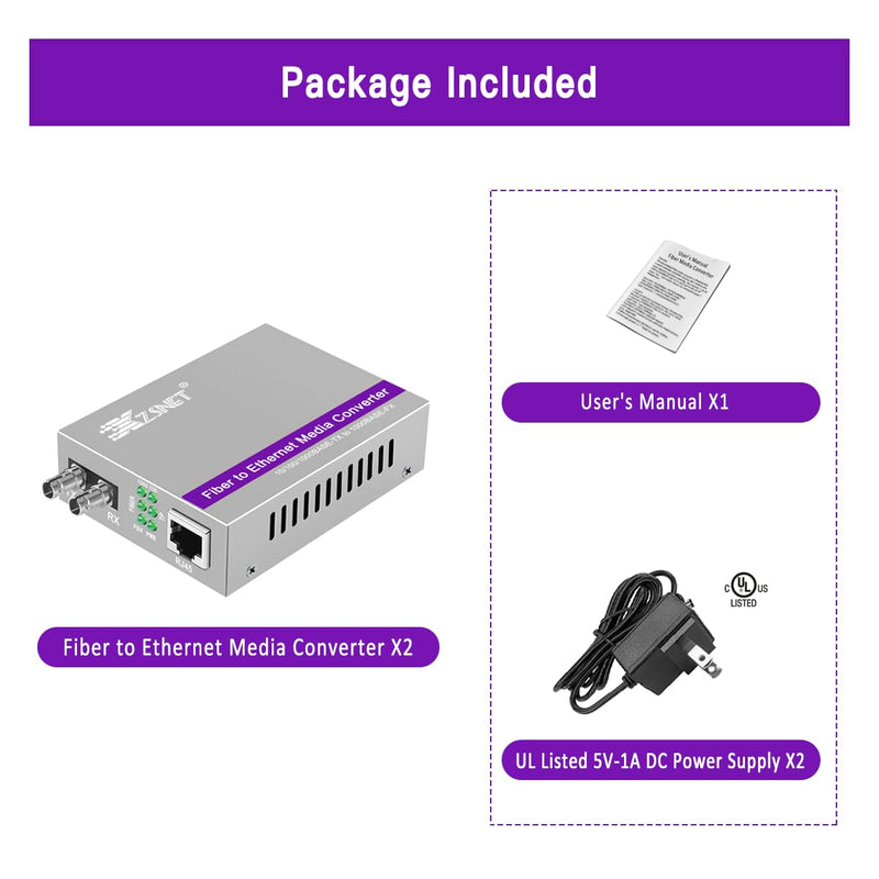 A Pair of Gigabit ST to RJ45 Converter, Multi-Mode Fiber to Ethernet Media Converter (Built-in Module, 850nm, 550m), Plug & Play, 10/100/1000 Base-T Compatible, Auto-Negotiation, Jumbo Frame Multimode ST 550m 850nm