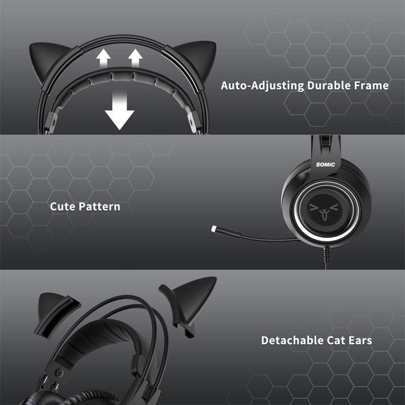 [AUSTRALIA] - SOMIC Stereo Gaming Headset with Mic for PS4, PS5, Xbox One, PC, Mobile Phone, 3.5MM Sound Detachable Cat Ear Headphones Lightweight Self-Adjusting Over Ear Office Headphones G951S Black 