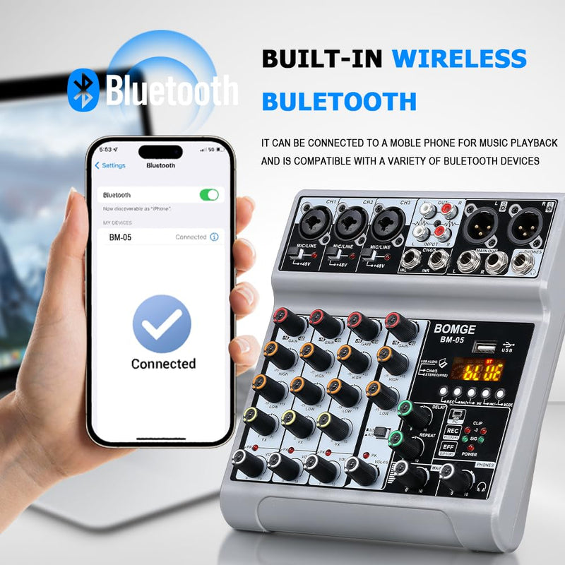 BOMGE Audio Mixer, Sound Board Mixing Console with 5 Channel Digital USB Bluetooth Echo Delay Effect, 48V Phantom Power Stereo DJ Mixers for Recording, Live Streaming, Podcasting (BM-05 5 canales) BM-05 5 canales