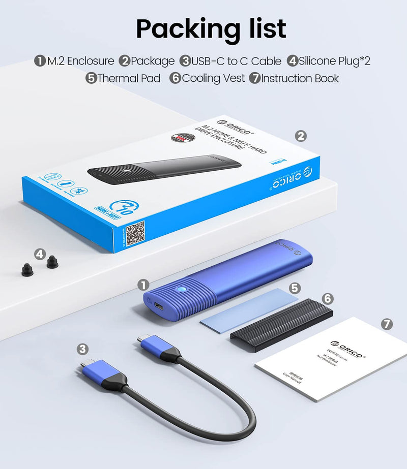 ORICO M.2 NVMe SATA SSD Enclosure Adapter Tool-Free, USB C 3.2 Gen 2 10Gbps NVME, 5Gbps NGFF SATA PCIe M-Key(B+M Key) 2230/2242/2260/2280, Aluminum External M2 Reader Support UASP Trim