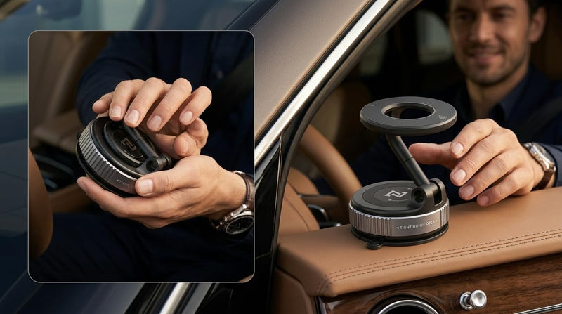 Vacuum Lock Magnetic Car Phone Mount, Universal Holder for All Phones, Anti-Vibration Strong Magnet 360° Foldable Holder for Dashboard, Windshield, Mirror & Gym, Compatible with Magsafe