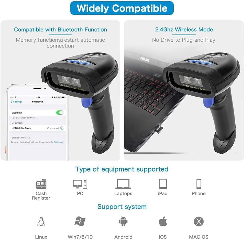 [AUSTRALIA] - NETUM Bluetooth Barcode Scanner, Compatible with 2.4G Wireless & Bluetooth Function & Wired Connection, Connect Smart Phone, Tablet, PC, CCD Bar Code Reader Work with Windows, Mac,Android (NT-1228BC) NT-1228BC 