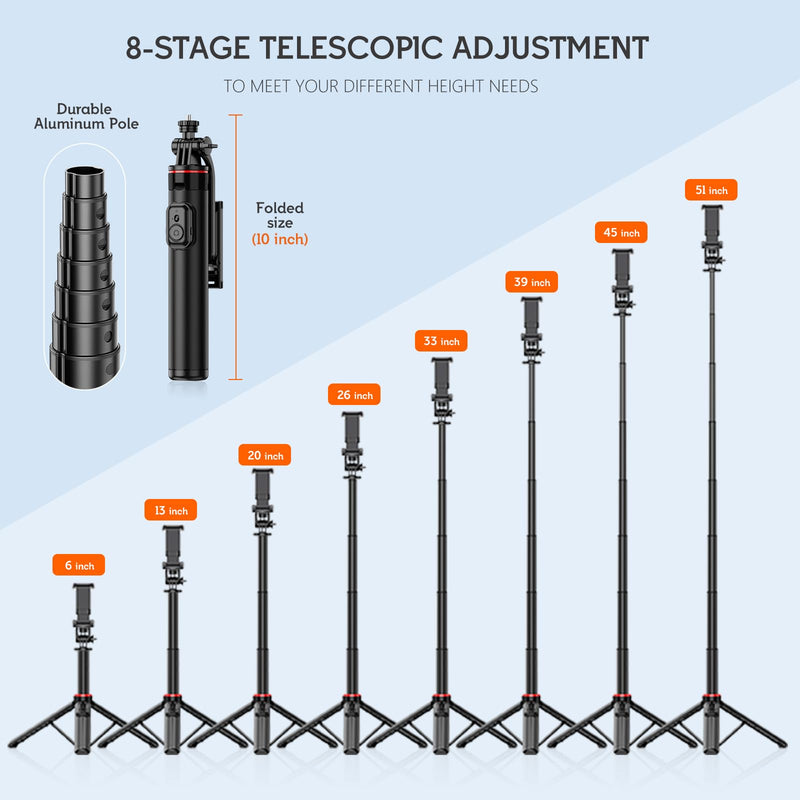51”Selfie Stick Tripod, Aluminum Alloy Integrated Smartphone Tripod Stand with Wireless Remote Control Portable Retractable Cell Phone Tripod for iPhone/Samsung/GoPro/Android Phone Black