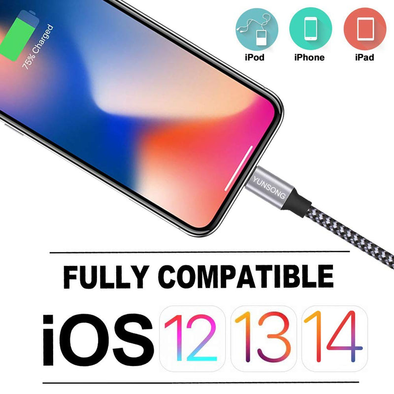 iPhone Charger, YUNSONG 3Pack 6FT Nylon Braided Lightning Cable Fast Charging High Speed Data Sync USB Cord Compatible with iPhone 13 12 11 Pro Max XS XR X 8 7 6S 6 Plus SE 5S Grey