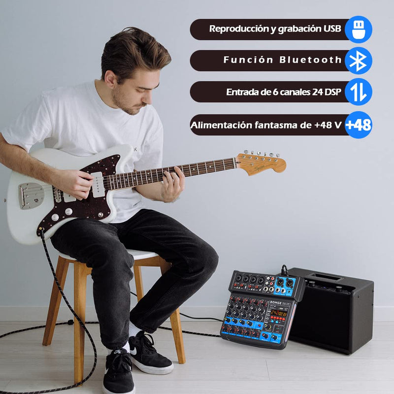[AUSTRALIA] - BOMGE 6 Channel mini DJ Audio sound mixer console with USB interface, Bluetooth, Stereo Recording, 48V Phantom Power, 24 DSP effects for karaoke, singing, live，streaming，pc recroding. (white) white 