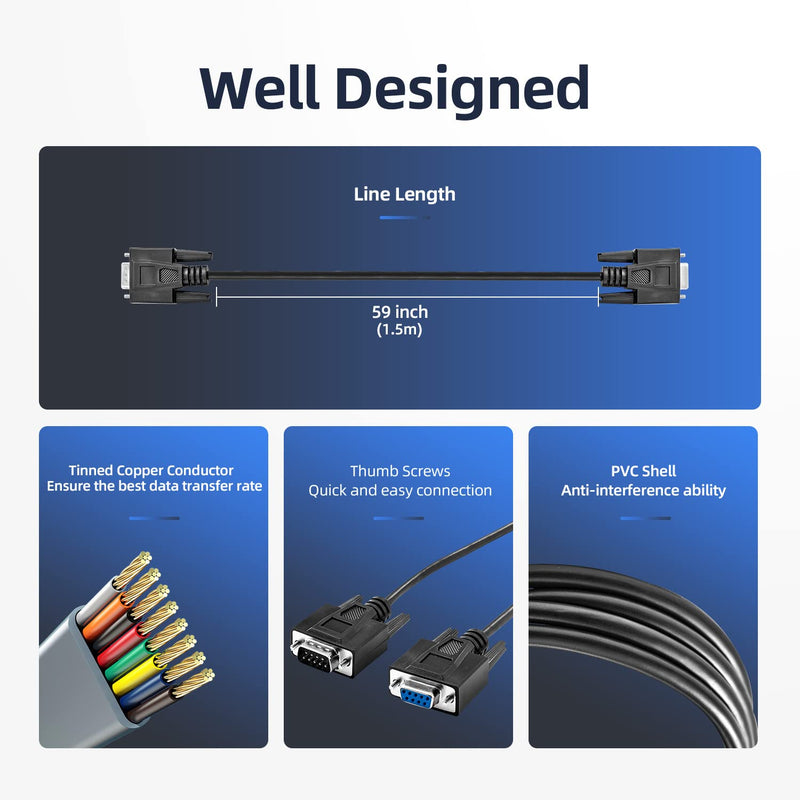 Straight Through DB9 RS232 Serial Cable, 6ft Male to Female 9 Pin Straight Through Extension Cable DB9 Male to Femal-6ft