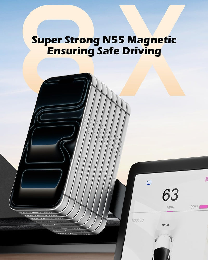 Tesla Model 3/Y Phone Mount, Magnetic Car Metal Holder with Strong Magnet | 【Foldable & Extendable Hidden Design】Tesla Screen Stand for 3/Y/S/X/Cybertruck, Designed for MagSafe iPhone