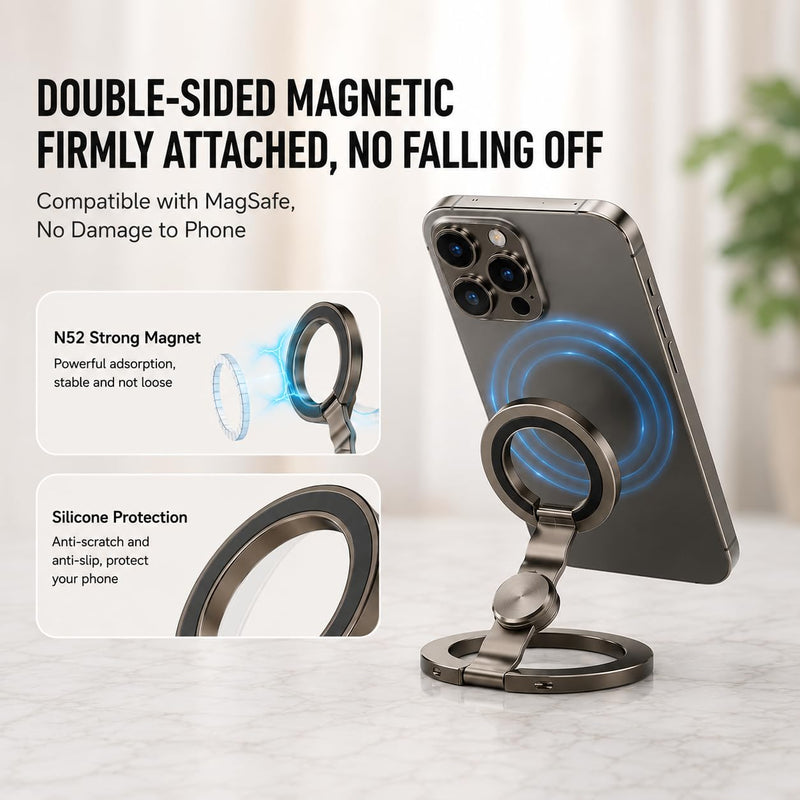 Magnetic Phone Stand Fidget Spinner, Dual Sided Magnet Phone Stand | 2-in-1 Foldable Phone Holder with Dual Magnetic Rings, 360° Rotation 270° Flip, Strong Mag’Safe Compatible Stand