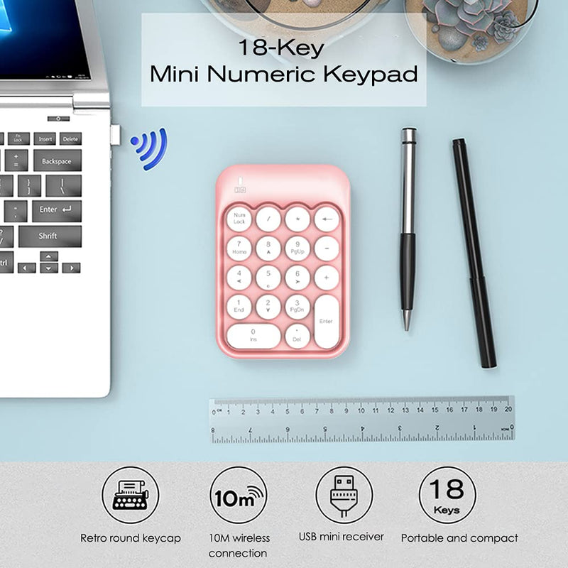Wireless Numeric Keypad 18 Keys with 2.4G Mini Portable Silent Number Pad USB Receiver Financial Accounting Keyboard Extensions for Laptop Desktop PC Pro（Pink） Pink