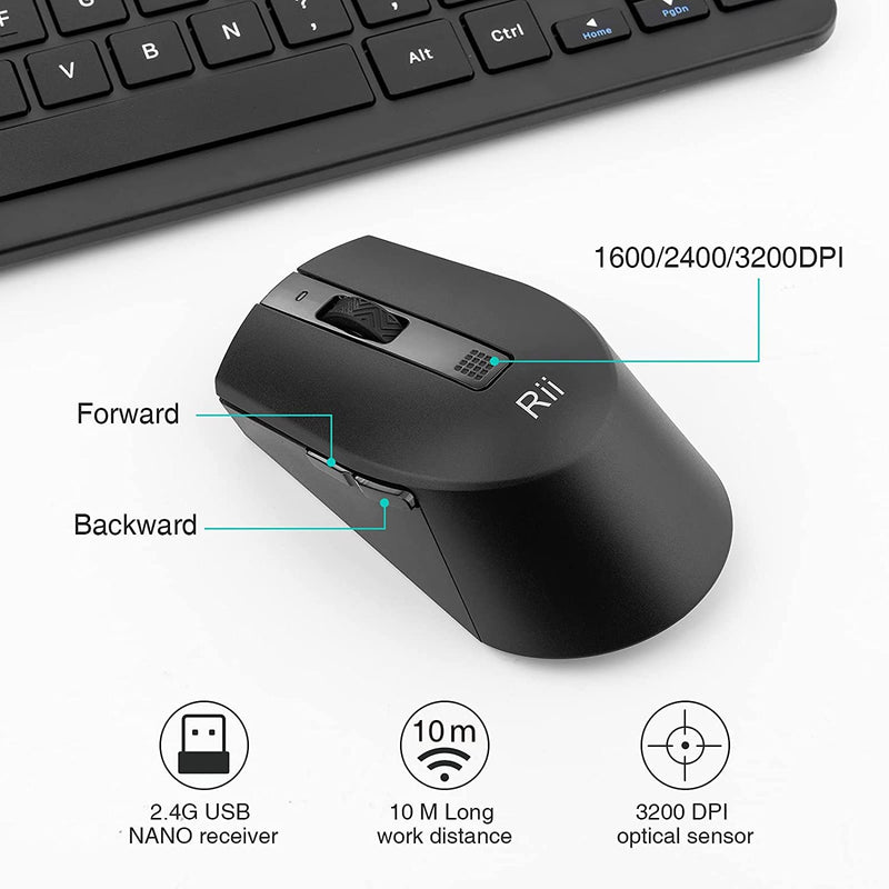 Rii RKM709 2.4 Gigahertz Ultra-Slim Wireless Keyboard and Mouse Combo, Multimedia Office Keyboard for PC, Laptop and Desktop,Business Office(Black) Black