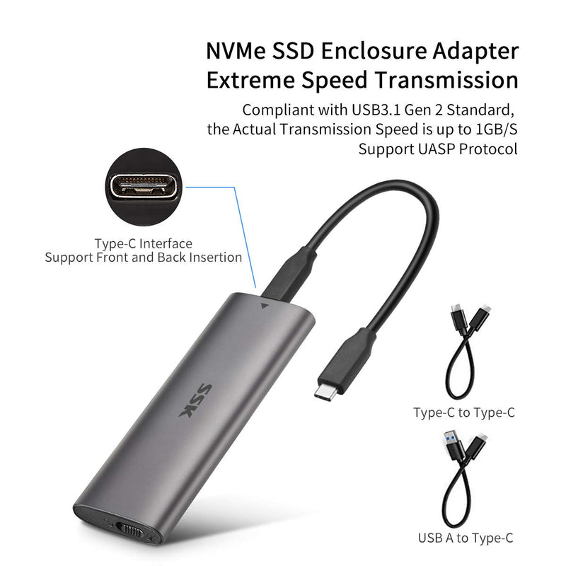 SSK Aluminum USB C to M.2 NVMe SSD Tool-Free Enclosure Reader, USB 3.1/3.2 Gen 2(10Gbps) to NVMe PCI-E M-Key Solid State Drive External Adapter Support UASP Trim (Fits only NVMe SSDs 2242/2260/2280) grey