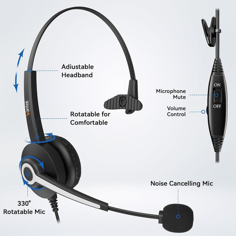 [AUSTRALIA] - Wantek Phone Headset with Microphone Noise Cancelling, Telephone Headsets 2.5MM Jack Compatible with Panasonic AT&T RCA Vtech Uniden Dect Cisco SPA Polycom Cordless Phones for Call Center Office Work 681-2.5mm 