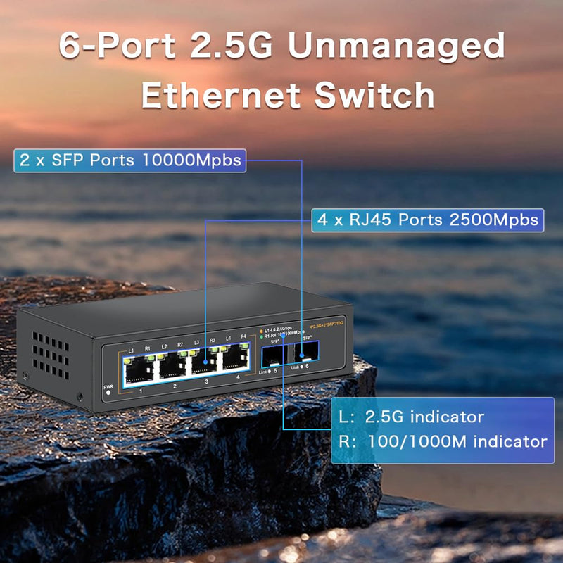 2.5G Unmanaged Ethernet Switch with 4 x 2.5G Base-T Ports and 2 x 10G SFP+ Uplink Ports, Compatible with 100/1000/2500Mbps, Fanlesss Design, Plug & Play, Metal 2.5Gb Network Switch 2.5G/6Ports