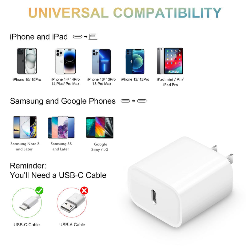 [2 Pack] USB C Wall Charger, iPhone 15 Charger Block 20W PD Power Adapter Compatible with iPhone 15/15Pro/15Pro Max/15Plus/14/13/12/11,Xs/X, iPad, Samsung Galaxy and More White