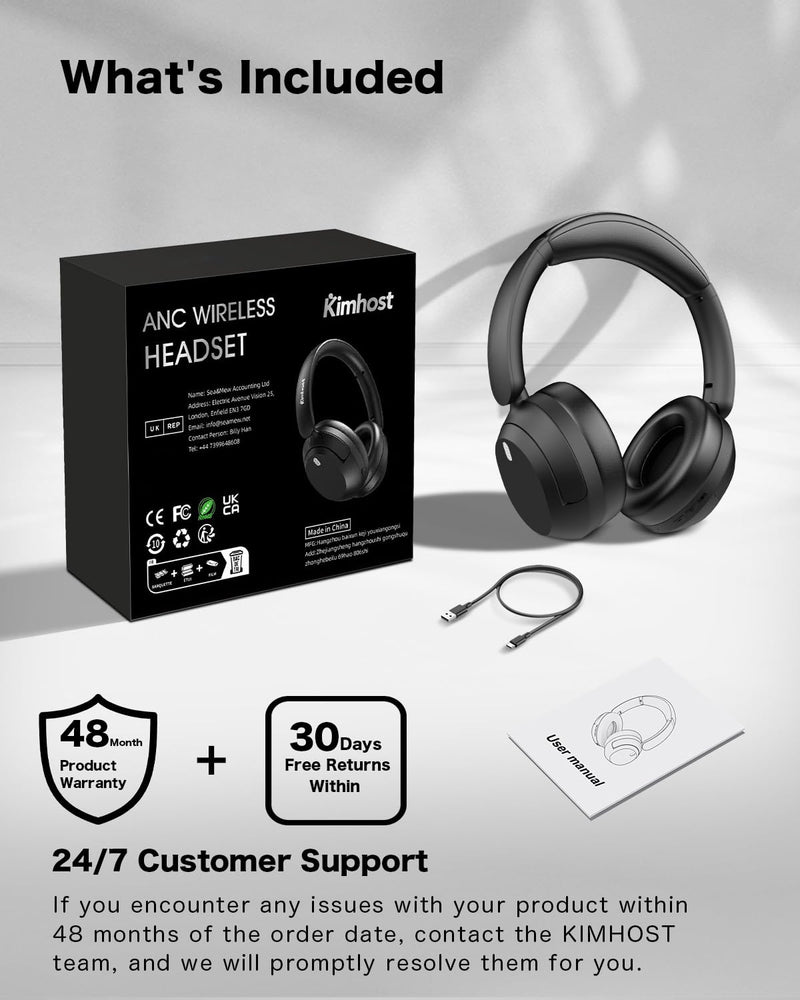 KIMHOST T30 Active Noise Cancelling Headphones, 120Hrs Playtime Bluetooth 5.3 Headphones, Multipoint, Deep Bass, Foldable, HiFi Stereo Wireless Over Ear Headphone for Travel, Office, Music, Game, Gym