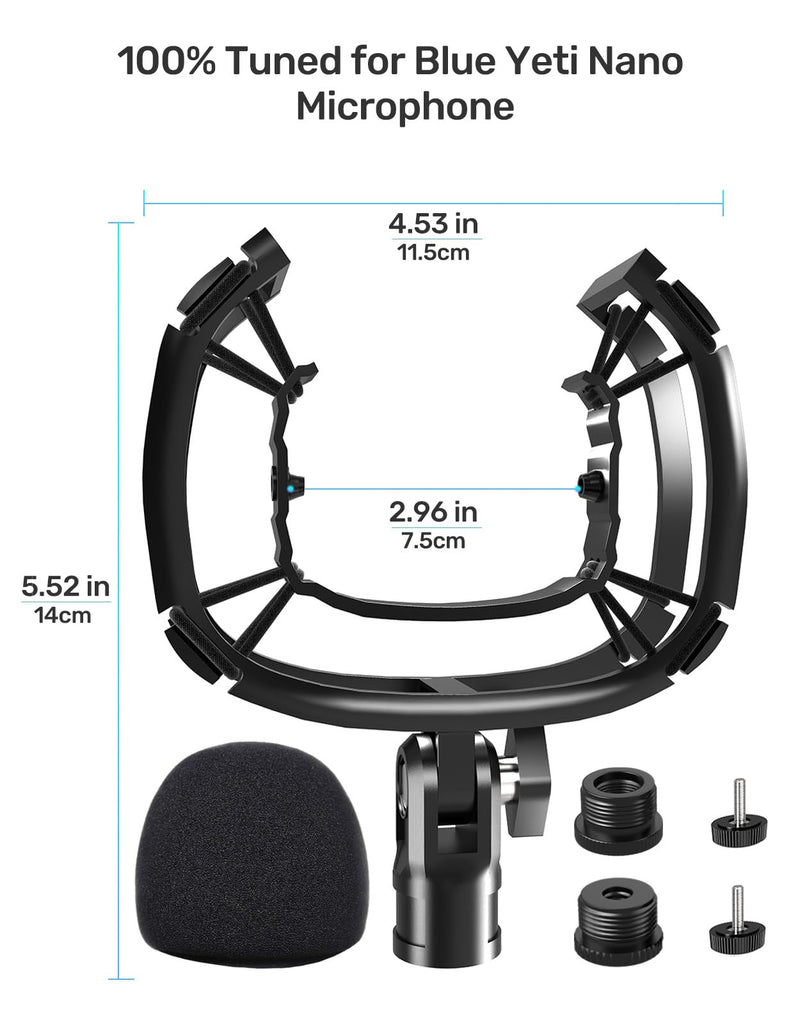 Custom Built for Blue Nano Microphone Shock Mount with Pop Filter, Anti-Vibration Suspension Elastic Shock Mount Holder Clip Mic Mount Stand with 3/8" or 1/4" Screw Adapter Compatible with Nano