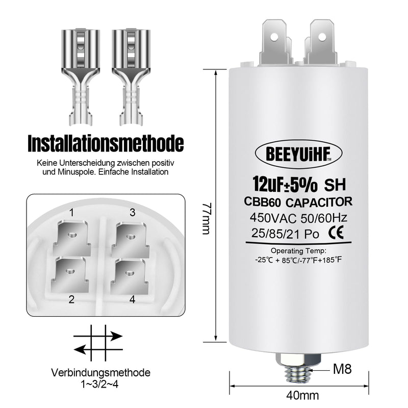 [AUSTRALIA] - BEEYUIHF CBB60 Motor Capacitor 12µF 450V Capacitor 50/60Hz Starting Capacitor 12UF Motor Running Capacitor Plug M8 for Electric Motor 40 x 72 mm 12μF / 12uF 