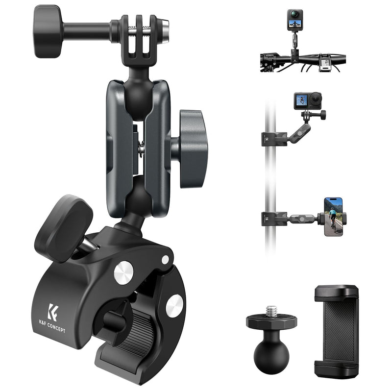 K&F CONCEPT Super Clamp Camera Mount with 360° Dual Ball Head, Bike/Motorcycle Handlebar Mount Compatible with DJI Action 6/5/4/3, Hero 13/12/11/10, 360 X5 X4 Super Clamp with Phone Holder