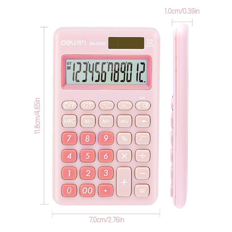 deli Standard Function Basic Calculator, 12 Digit Desktop Calculator with Large LCD Display, Solar Battery Dual Power Office Calculator, Pink Small Pink