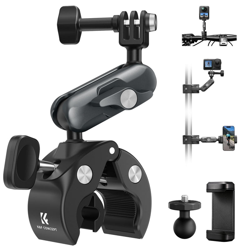 K&F CONCEPT Super Clamp Camera Mount with 360° Dual Ball Head, Bike/Motorcycle Handlebar Mount Compatible with DJI Action 6/5/4/3, Hero 13/12/11/10, 360 X5 X4 Super Clamp with Phone Holder