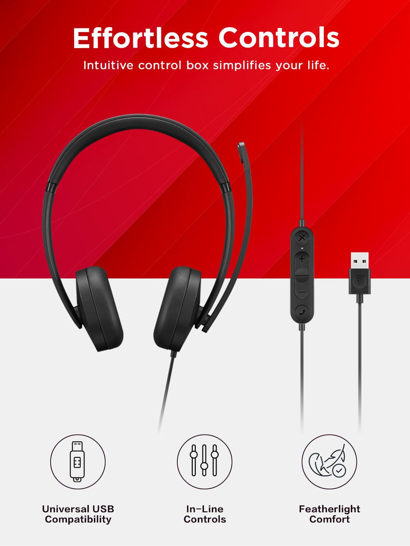 [AUSTRALIA] - Lenovo USB-A Wired Stereo Headset for PC/Laptop, AI Noise Canceling via APP, 140g Lightweight, Replaceable Earcups, Double-Sided Boom Mic, in-line Controls with Mute for Call. Work with Teams/Zoom 