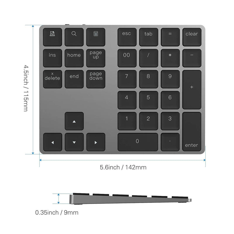 Bluetooth Number Pad, Lekvey Aluminum Rechargeable Wireless Numeric Keypad Slim 34-Keys External Numpad Keyboard Data Entry Compatible for Macbook, MacBook Air/Pro, iMac Windows Laptop Surface Pro etc Bluetooth - Black