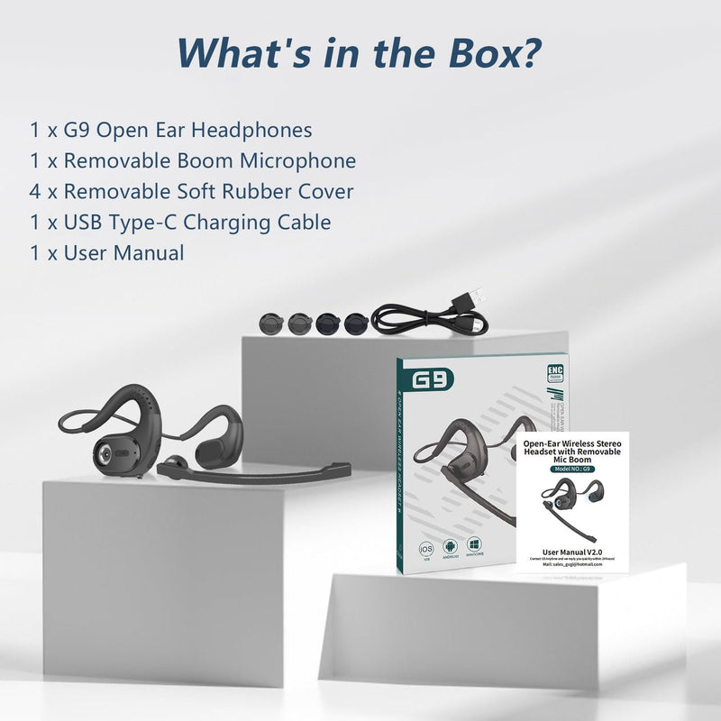 [AUSTRALIA] - BANIGIPA Bluetooth Headset with Removable Microphone, Noise Cancelling Wireless Headset for Phones Laptop Computer PC, Open Ear Headphones for Office Meeting Running Cycling Driving Working-12 Hrs A-G9 Black Headset Set 