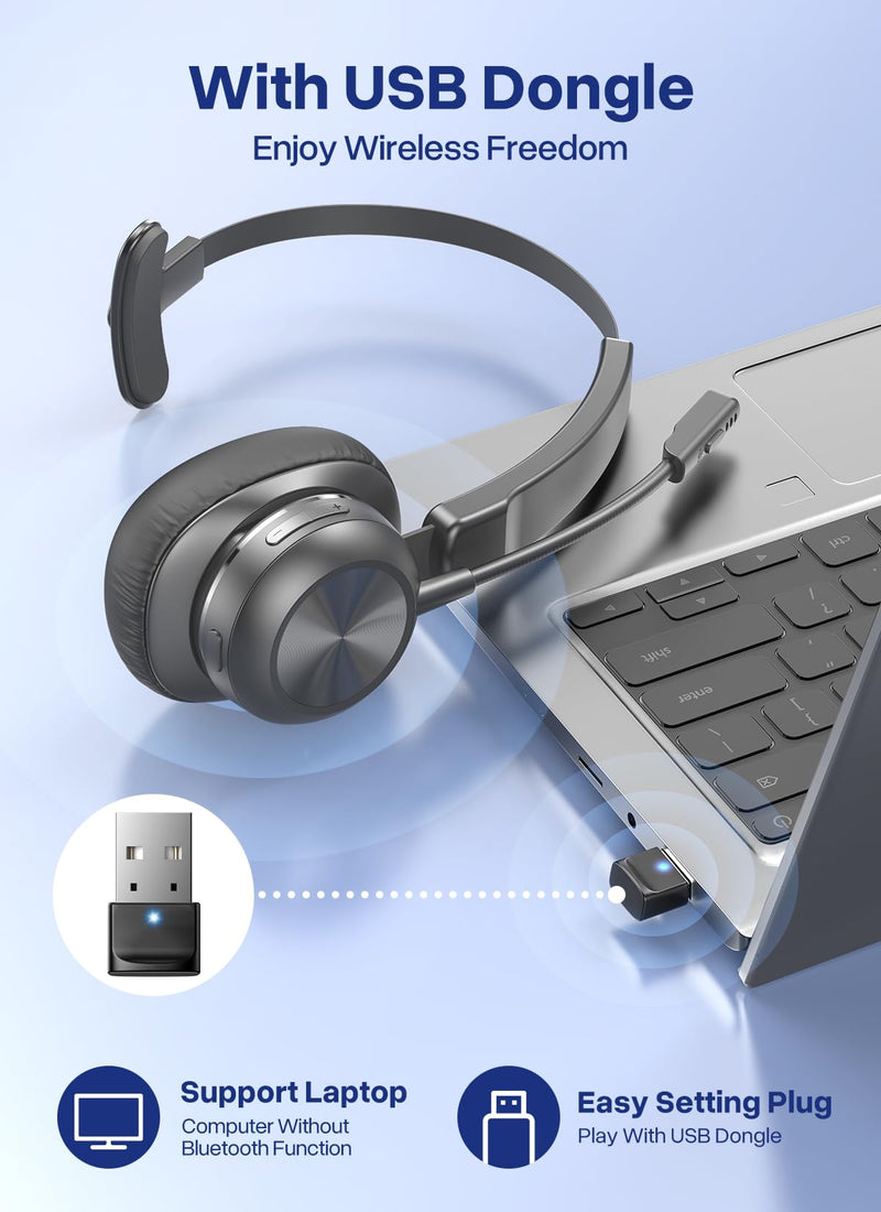 Trucker Bluetooth Headset, Wireless Headset with Microphone | USB Dongle, On Ear Bluetooth Headphones with AI Noise Cancelling 50H Playback Mute Button for Truck Driver Office Work, Ash