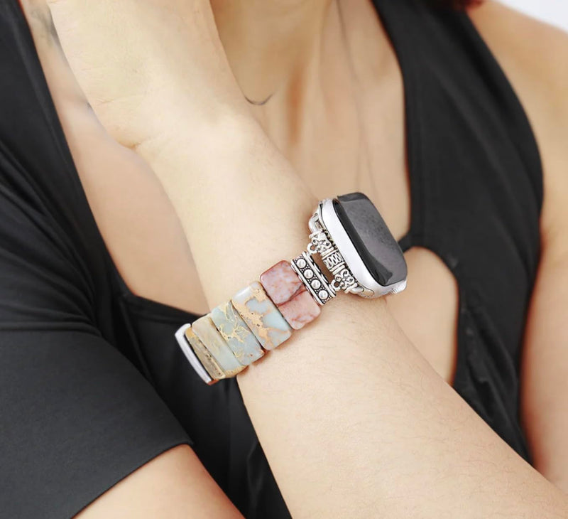 Cape Diablo Smart Watch Band for Women - Handmade Gemstone Strap - Compatible with 38mm-45mm Apple Faces, Earth Tibetan