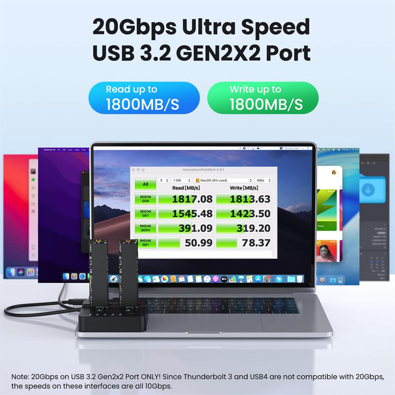 Dual-Bay Cloner 20Gbps NVME M.2 NGFF M-Key to USB-C One-Click Offline Clone Backup Enclosure Hyper Vertical Duplicator