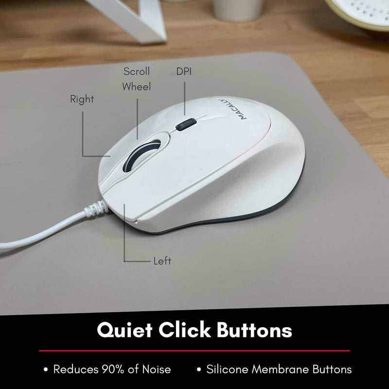 Macally USB Wired Mouse for Mac or PC - Comfortable, Smooth, and Quiet - White USB Mouse Wired with 5ft Cable and 4 DPI - Plug and Play Corded Computer Mouse for Laptop or Office Desktop - White