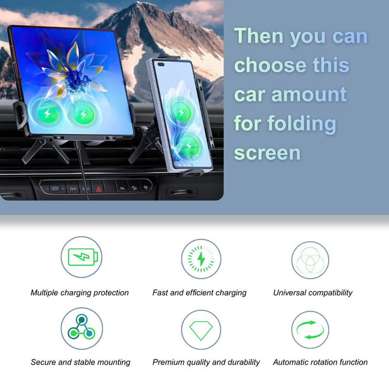 Smart 2-in-1 Auto-Rotating Phone Holder and Wireless Car Charger, Foldable Car Phone Mount for iPhone and Samsung, Cell Phone Automobile Charger with Car Vent Mount