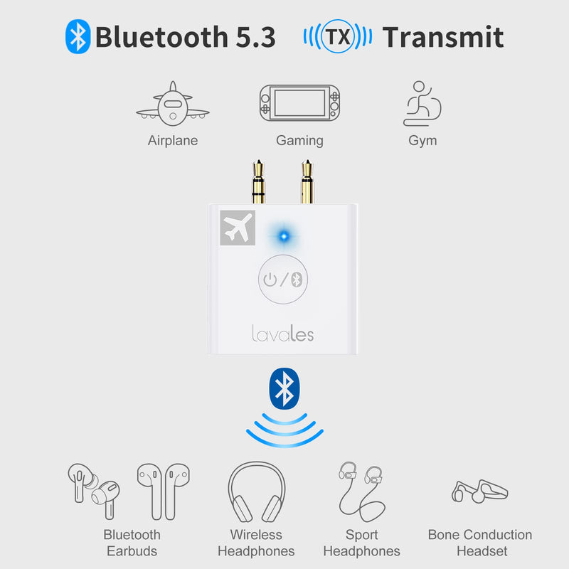 Airplane Bluetooth Adapter, 2 Headphones Support, 32Hrs Playtime, aptX Adaptive/Low Latency/HD Wireless Audio Transmitter for Airpods & Bluetooth Headphones, Use for Travel Flight