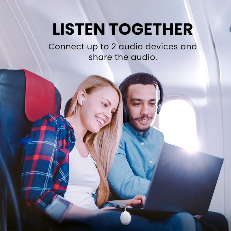 Avantree SoundJet R1 [2025 New] - Airplane Bluetooth 5.3 Adapter for up to 2 AirPods or Headphones with Low Latency and 20hr Playtime, Wireless Audio Transmitter for Flights, Travel, Gym, TV, Tablet White - With Dual Adapter
