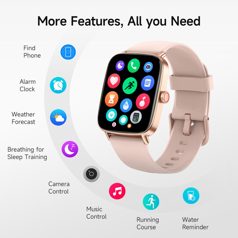 Smart Watch for Women, 1.85" HD Smartwatch Compatible iPhone/Samsung/Android (Answer/Make Calls), 100+ Sport Modes Fitness Tracker with Heart Rate/Sleep/SpO2 Monitor, IP68 Waterproof, with 2 Bands Rose Gold/ 2 Band