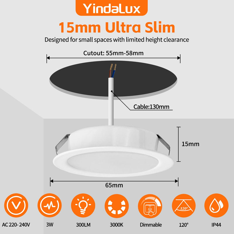 YindaLux Set of 3 LED Recessed Spotlights 230 V Dimmable 3 W 3000 K Warm White LED Spot Ultra Flat 300LM Bore Hole 55-58 mm and 15 mm Flat IP44 Furniture Recessed Spotlights for Mirror Cabinet, White 3 pieces White 3000k
