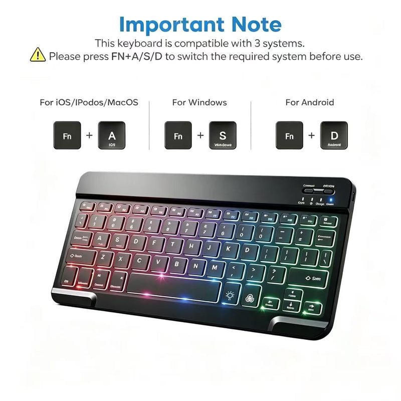 Mini Bluetooth Keyboard, Small Portable Wireless Rechargeable Keyboard with 7-Color RGB Backlit for iPad iPhone Android Samsung Tablet Smartphone (Black) Black1