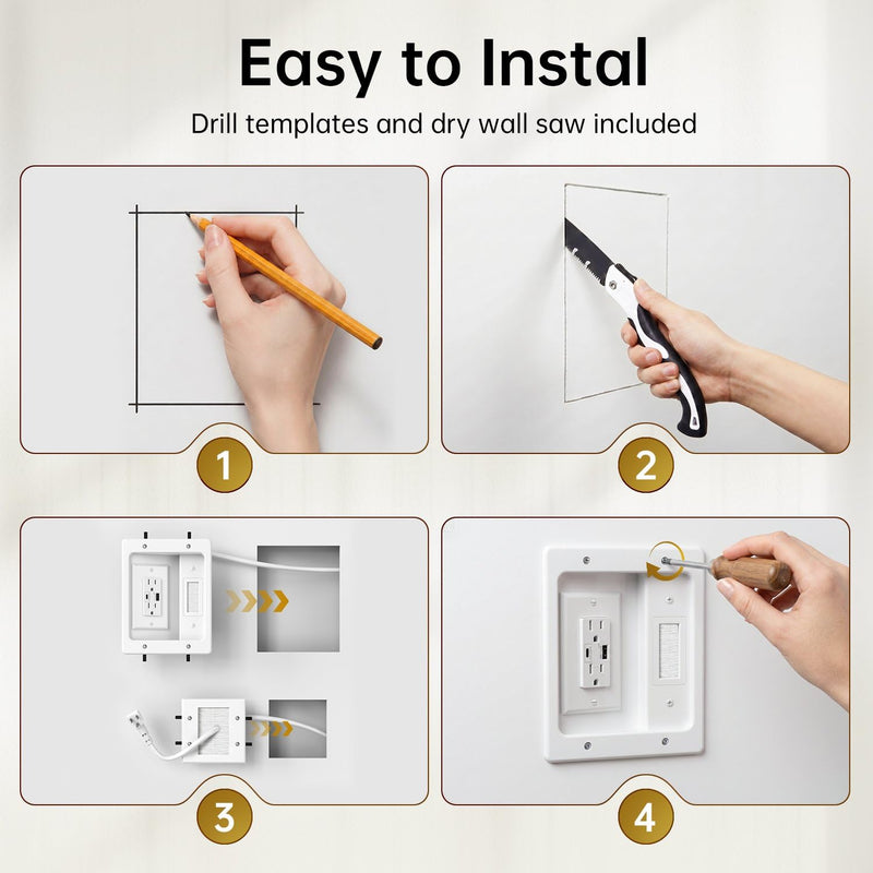 in Wall Cable Management Kit with Recessed Power Outlet for Home Theater | Dual AC Outlet and USB A+C Port, TV Cord Hider for Wall Mounted TV - 9FT Cord, HDMI TV Cable Hider, Safe Cable, Easy Setup