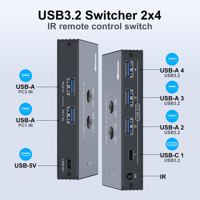 USB 3.2 Switch 2 Computers Share 4 USB Devices with IR Remote 4 Port Hub USB KVM Control 10Gbps Data Sharing for Keyboard Mouse Printer Scanner Gray