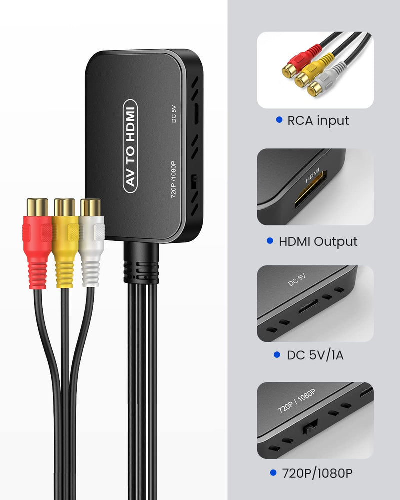 RCA to HDMI Converter,Viagkiki AV to HDMI Adapter,RCA to HDMI Composite Audio Video Converter for PS1, PS2, PS3, STB, Xbox, VHS, VCR,Black-Ray DVD Players(HDMI Cable Included) Black