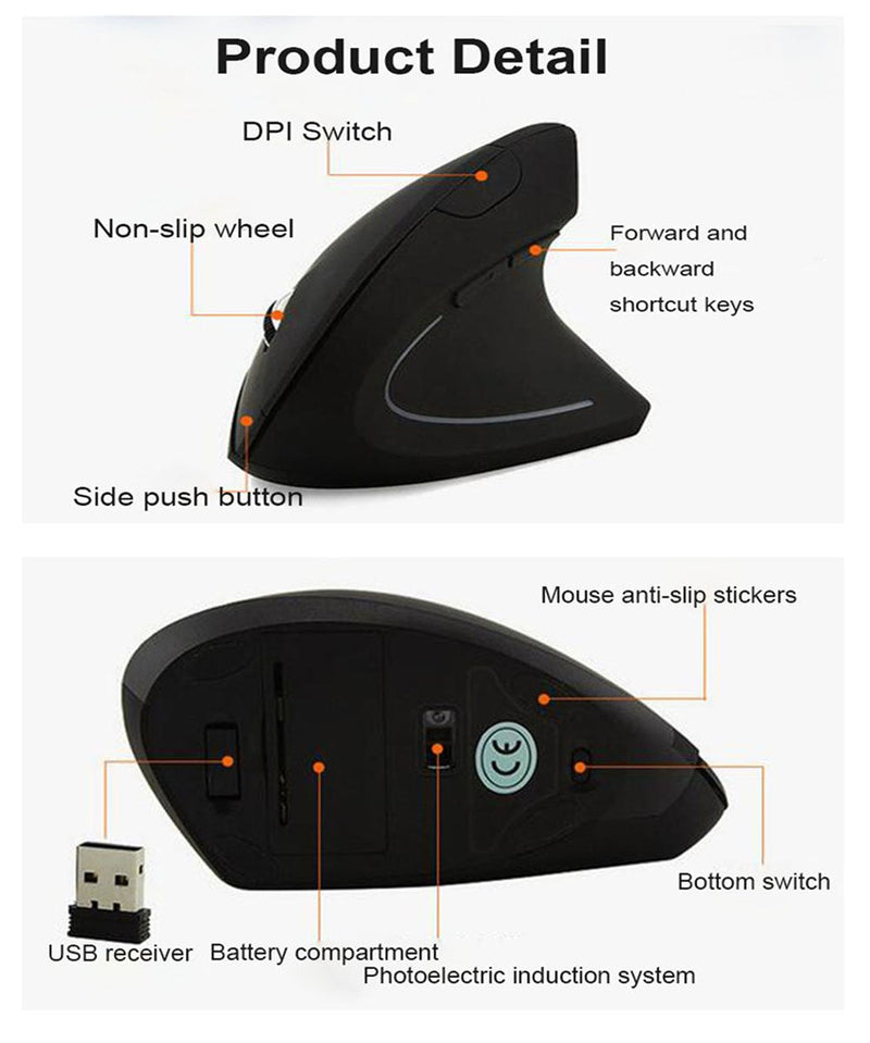 Sokelinn-six Wireless Vertical Mouse,2.4Ghz Cordless 800/1200/1600 Adjustable DPI High Sensitivity Ergonomic USB Gaming Mouse for Computers and Laptops