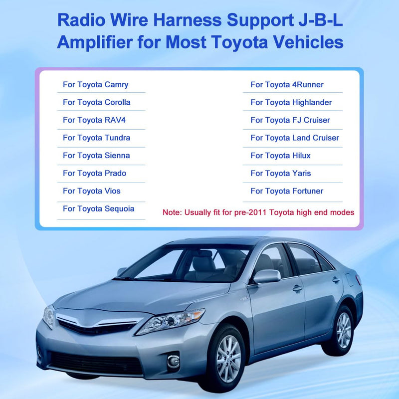 16-Pin Radio Harness for Toyota 4Runner Sienna Camry with JBL | CANBUS adapter integration supports factory amplified audio and steering wheel controls with a compatible aftermarket radio