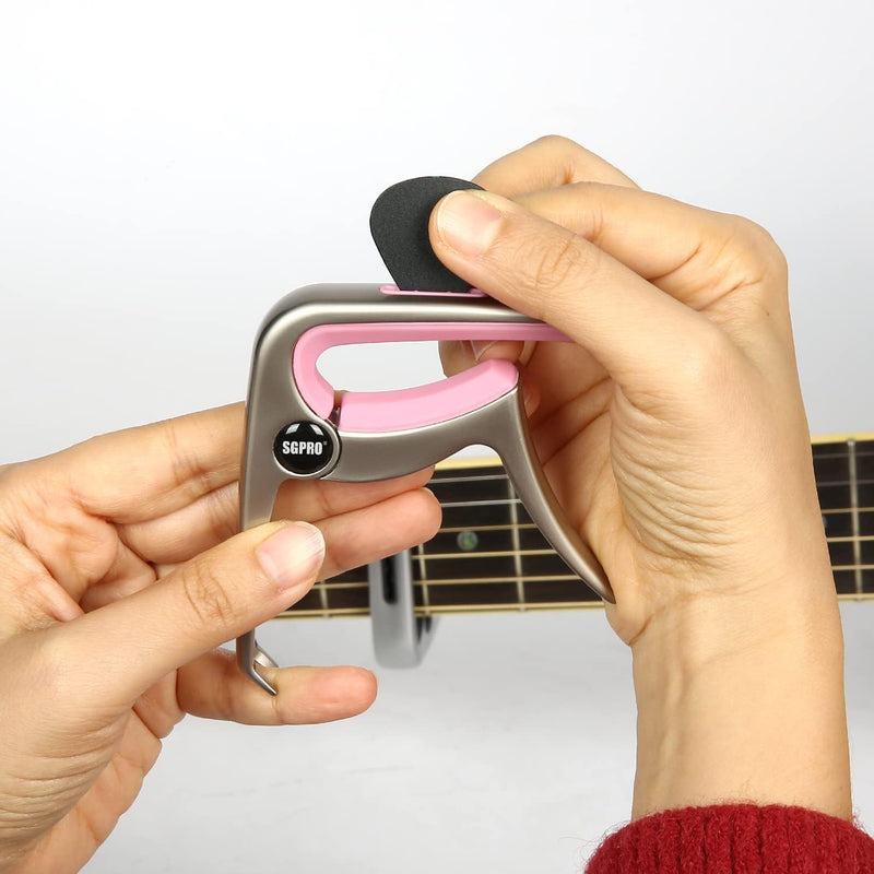 Guitar Capo 3-in-1: Acoustic & Electric Capo, Guitar Pin Puller, Pick Holder - Hidden Spring Design, Trapezoid Silicone Rubber Pad, Superior Zinc Alloy (Pink) Pink
